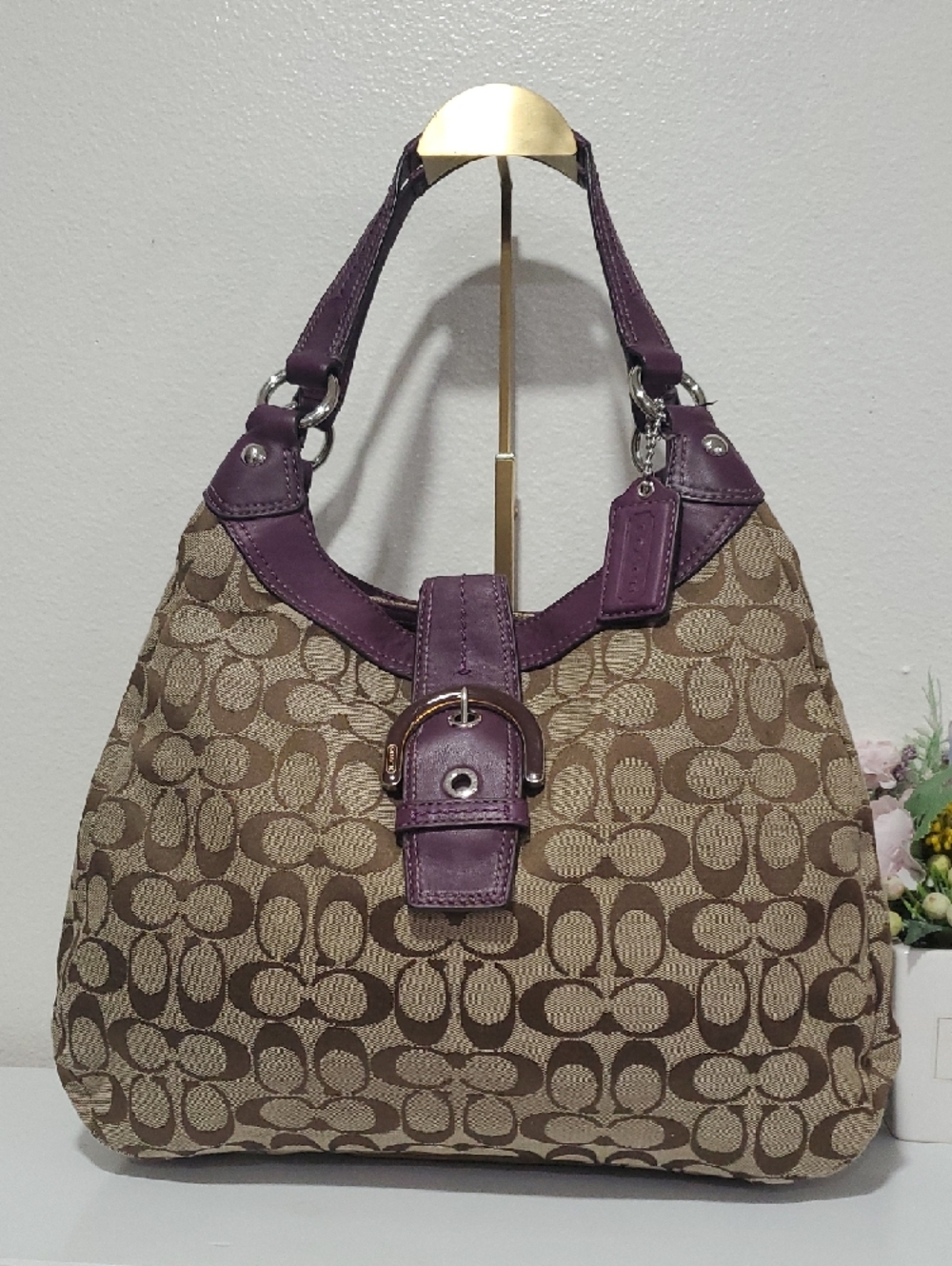 Coach Soho Lynn Signature Hobo Shoulder Bag/Purple Leather Trim💜🤎 - Picture 3 of 16